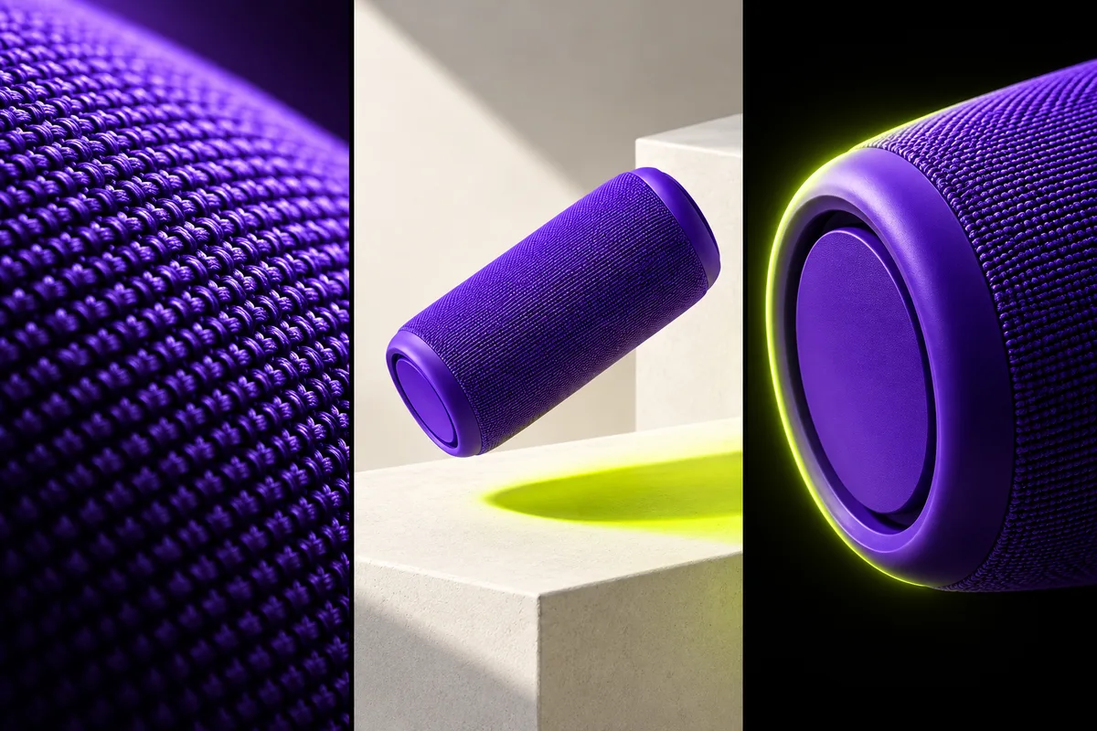 Three concept frames: violet speaker texture, product reveal and dramatic close-up