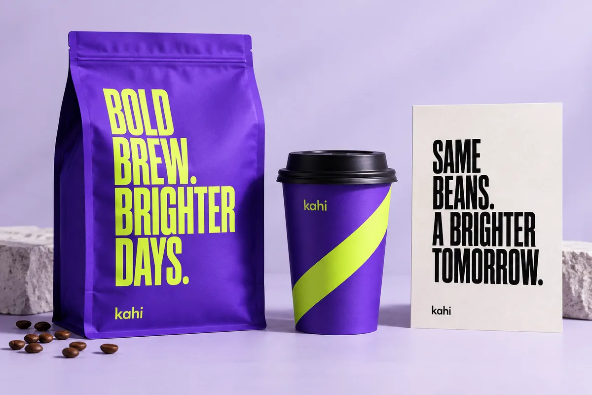 Violet and lime coffee packaging for the fictional Kahi brand